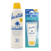 Vacation Classic Sunscreen Spray bottle label shows SPF 30 and water resistance.