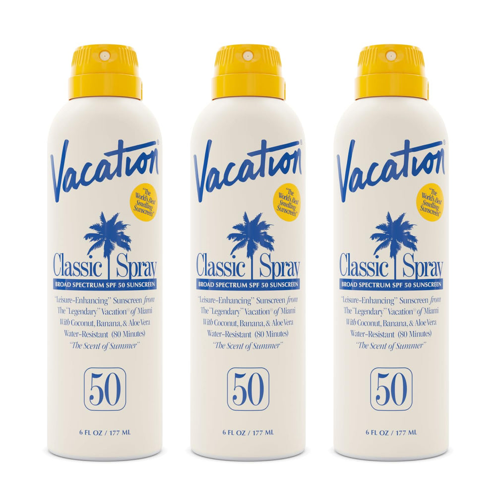 Vacation Classic Sunscreen Spray SPF 50 front view, lightweight and non-greasy for all skin tones.