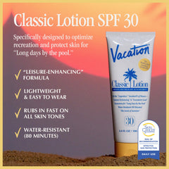 Vacation crema solar SPF 30, resistente al agua para aventuras al aire libre.