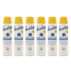 Vacation Mini Classic Sunscreen Spray SPF 50 six-pack ready for the beach.