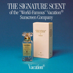 Close-up of VACATION sunscreen bottle cap indicating compact travel design.