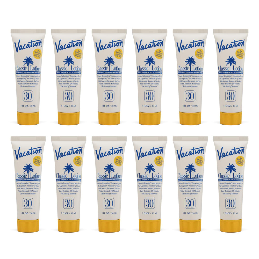VACATION sunscreen mini SPF30 12-pack front view for travel protection.