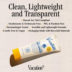 VACATION sunscreen mini SPF30 label close-up showing vegan, cruelty-free formula.
