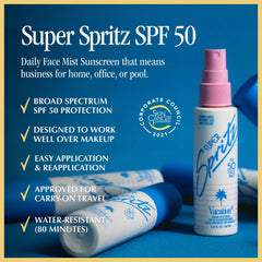 VACATION Super Spritz spray mist provides makeup-friendly reapplication.