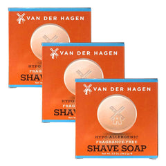 Van Der Hagen fragrance-free shave soap pack 3 on the cover, fragrance-free grooming option.