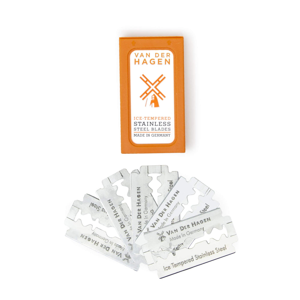 Van Der Hagen safety blades pack seven, ready for precise daily shaving.