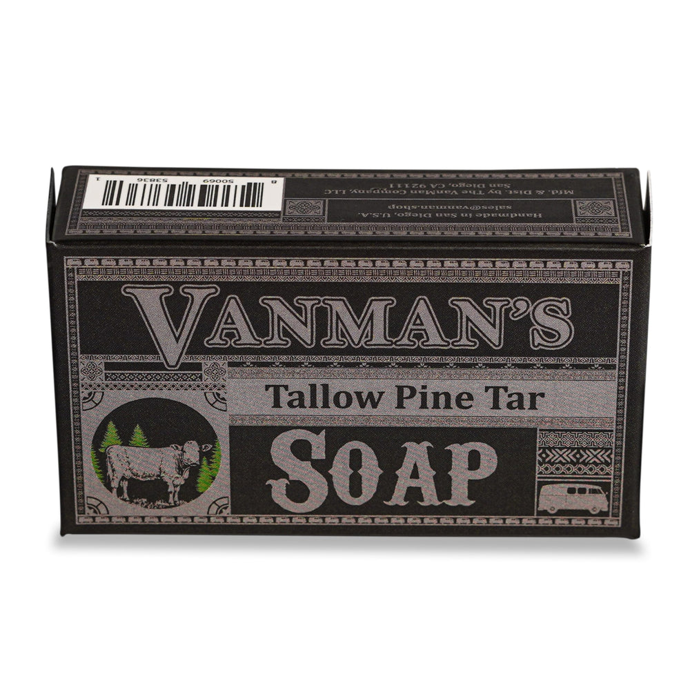 Barra VanMan Tallow Pine Tar lista para lavado profundo con aroma terroso.