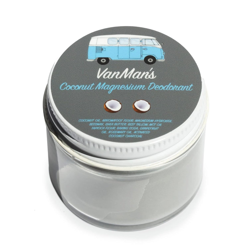 VanMan’s desodorante coco-magnesium en frasco, control de olor diario.