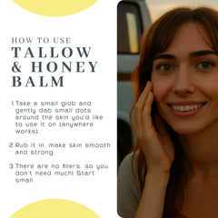 Vanman's Tallow-Honey Balm ingredients graphic featuring olive oil for conditioning.