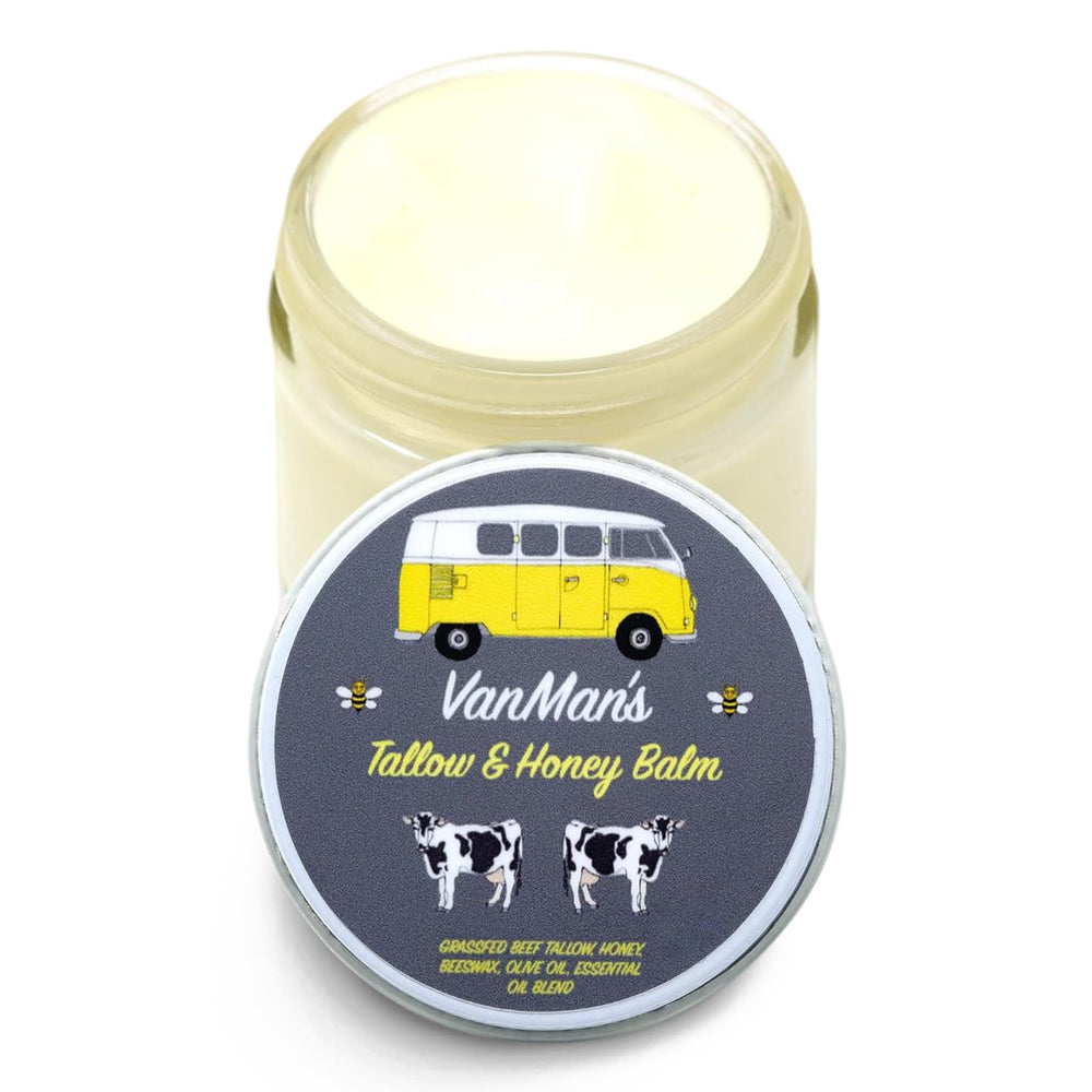 Vanman's Tallow and Honey Balm jar close-up showing rich, nourishing texture for the skin.