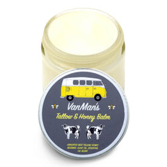 Vanman's Tallow and Honey Balm jar close-up showing rich, nourishing texture for the skin.
