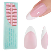 Vansiho tips franceses gel almendra medianos en rosa suave para un aspecto natural
