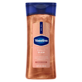 Vaseline Brilloso y Deslumbrante – botella frontal con brillo dorado para piel luminosa.