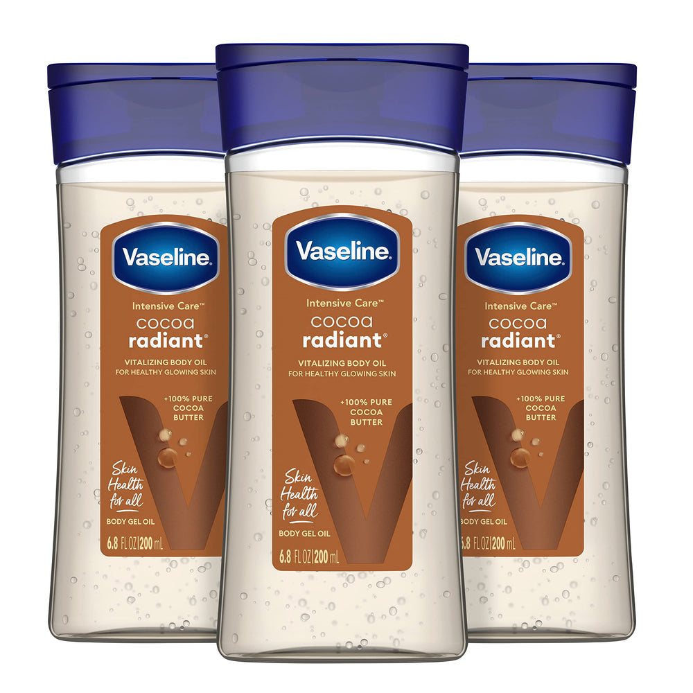 Vaseline Cocoa Radiant botella muestra hidratación suave y brillo natural para la piel