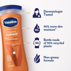 Vaseline Cocoa Radiant Lotion texture close-up showing silky, non-greasy hydration.
