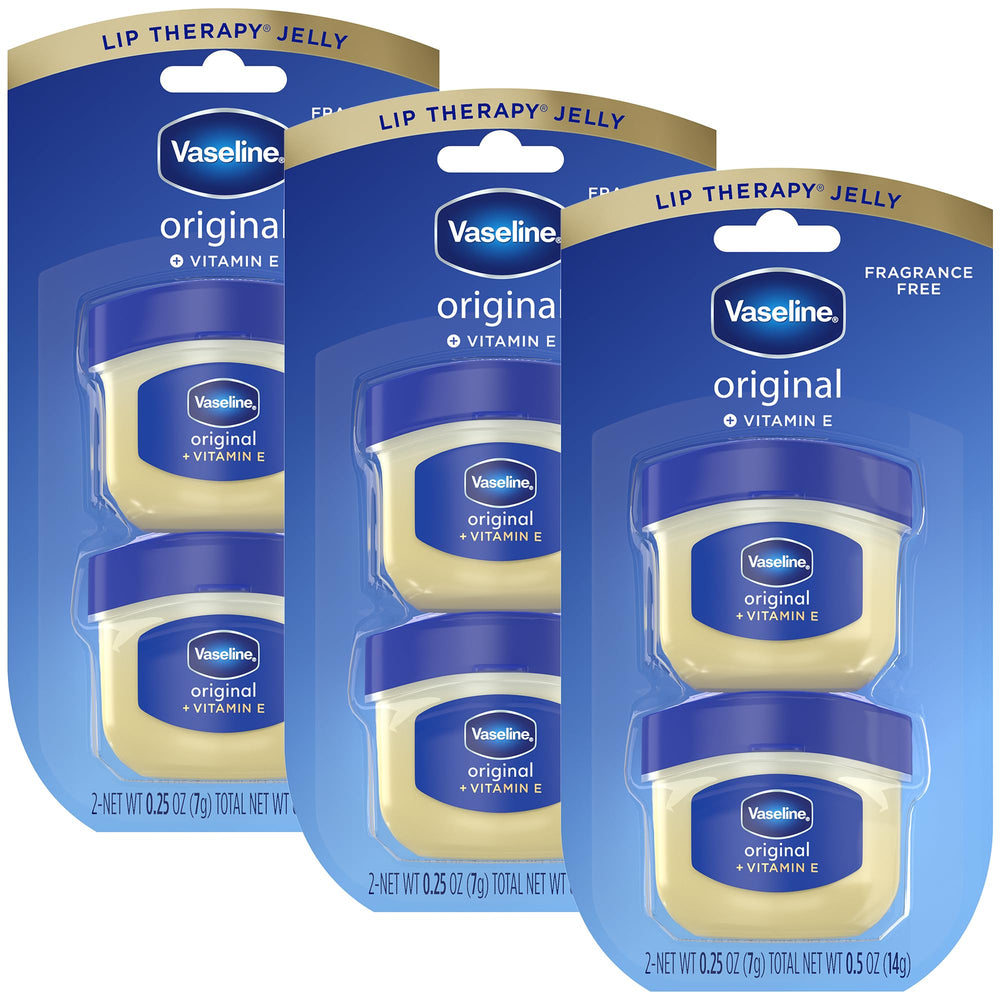 Vaseline Cuidado Labial Original con Vitamina E para labios suaves en frascos mini.