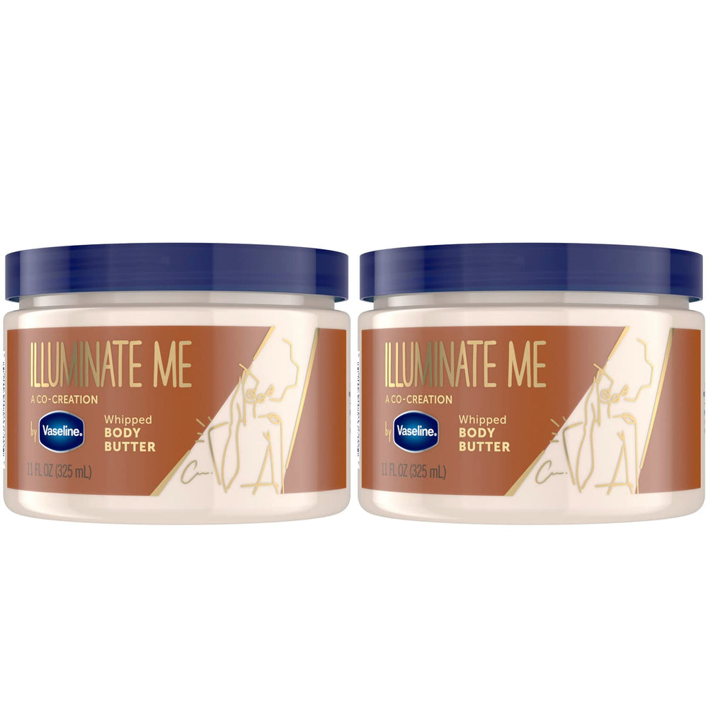 Vaseline Illuminate Me whipped body butter jar closeup showing creamy texture for radiant skin
