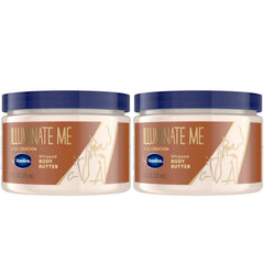 Vaseline Illuminate Me whipped body butter jar closeup showing creamy texture for radiant skin