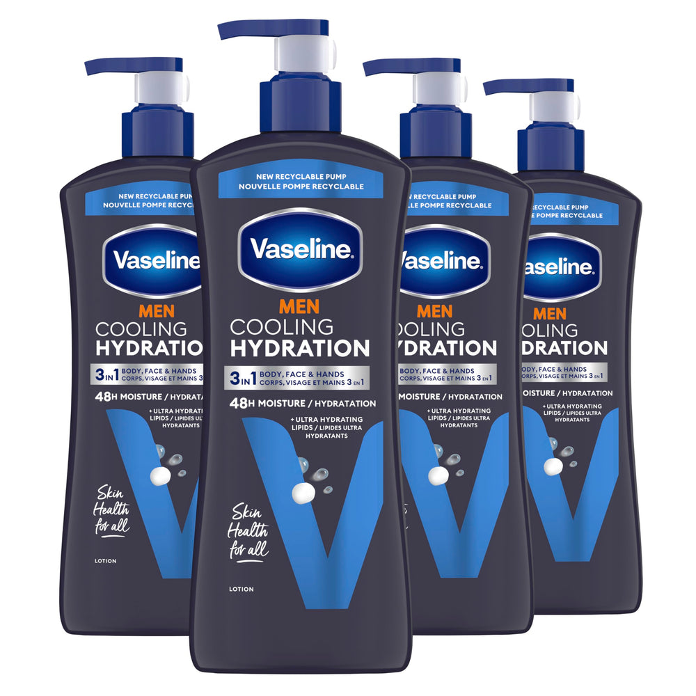 Vaseline Men cooling hydration bottle front view in a 4-pack for daily use