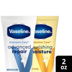 Vaseline Nourishing Moisture Lotion 2-pack bottles showing rich hydration for daily use.