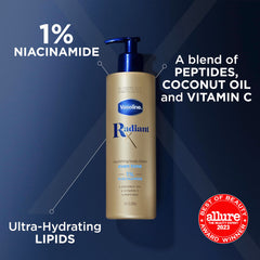 Frasco dorado de Vaseline Radiant X con etiqueta clara y visible.