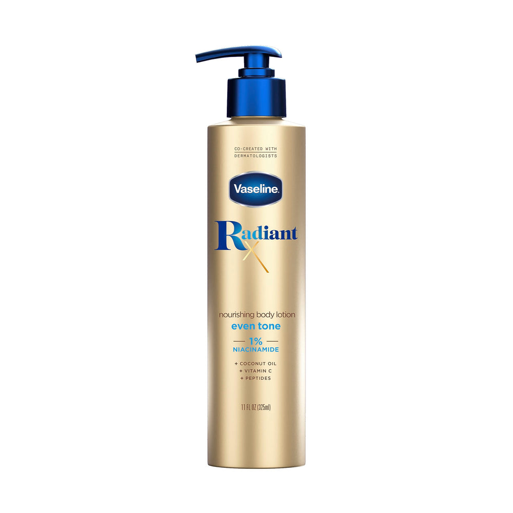 Vaseline Radiant X Even Tone loción corporal en botella para piel uniforme.