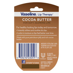 Bálsamo labial Vaseline terapia cacao manteca, aroma chocolate suave.