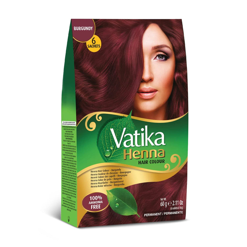 Vatika Naturals Burgundy permanent dye pack with six sachets for home coloring.