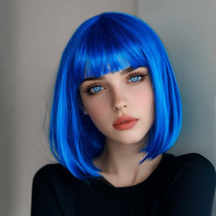 VCAY blue bob wig side view highlights shoulder-skimming length.