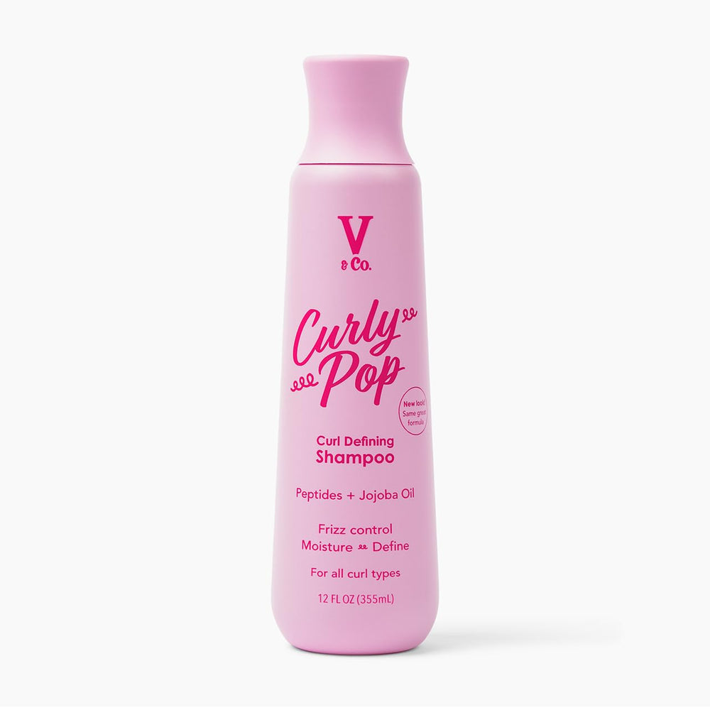 Botella de V&CO Curly Pop Champú Definidor de Rizos, visión frontal para definir rizos