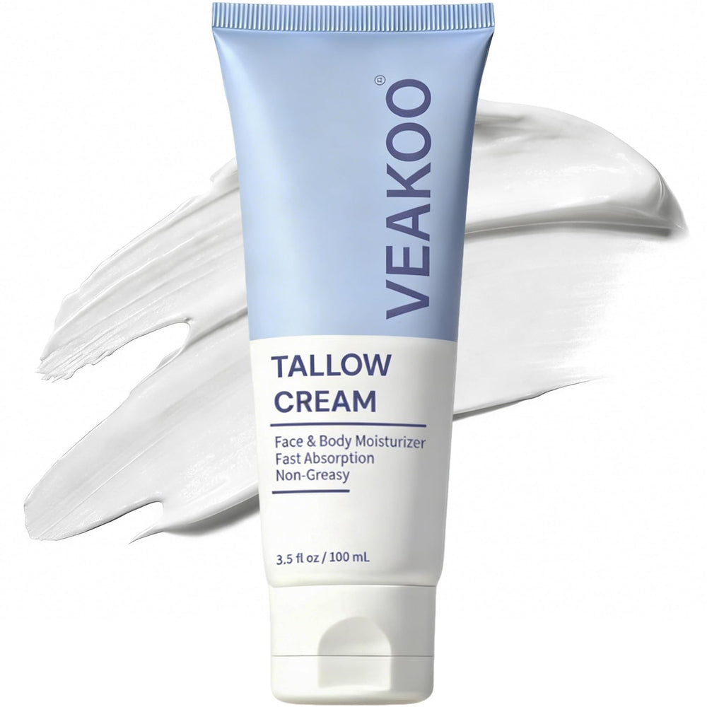 Veakoo Beef Tallow face-tube closeup showing unscented moisturizer for daily hydration