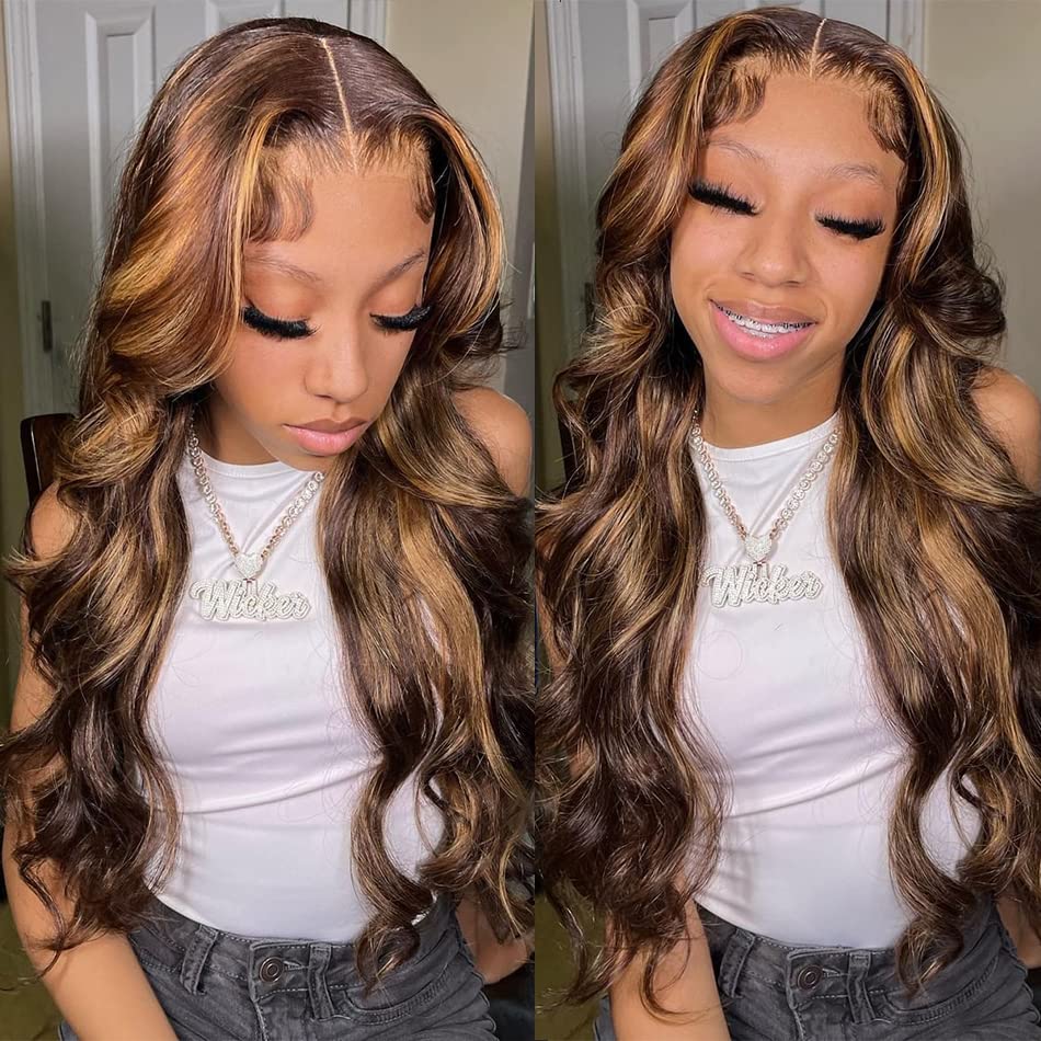 Veally body wave highlight lace front wig close-up with natural hairline