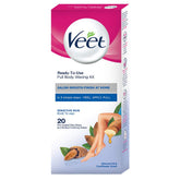 Veet full body waxing kit close-up, strips for sensitive skin, quick at-home removal.