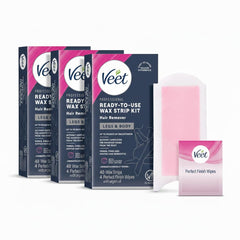 Veet sugar wax strips on leg for long-lasting smooth skin at home.