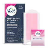 Veet wax-strip kit contents shown for at-home smoothness.