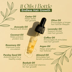 Veganic Hair Growth Oil 11-oil blend close-up highlights rosemary, castor, argan for nourishment
