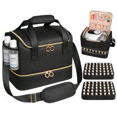 Veirdro nail polish organizer bag open with space for 80 bottles and organized compartments.