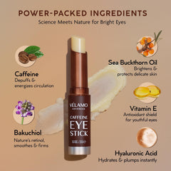 VELAMO ADVANCED caffeine eye stick applying under-eye area for refreshment.