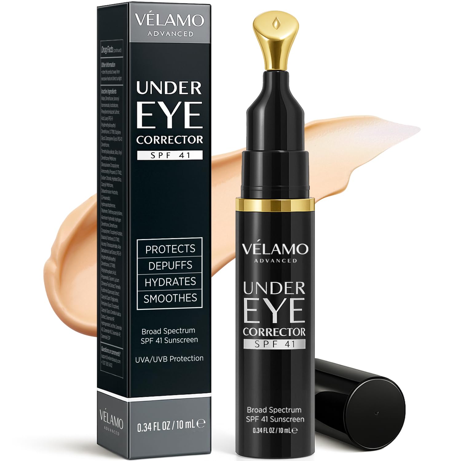 VELAMO ADVANCED Eye Corrector with peach tone balances under-eye blue tones for a refreshed look