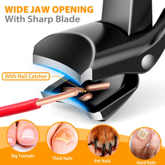 Velkomin Toenail Clippers catcher-feature prevents mess during home nail care.