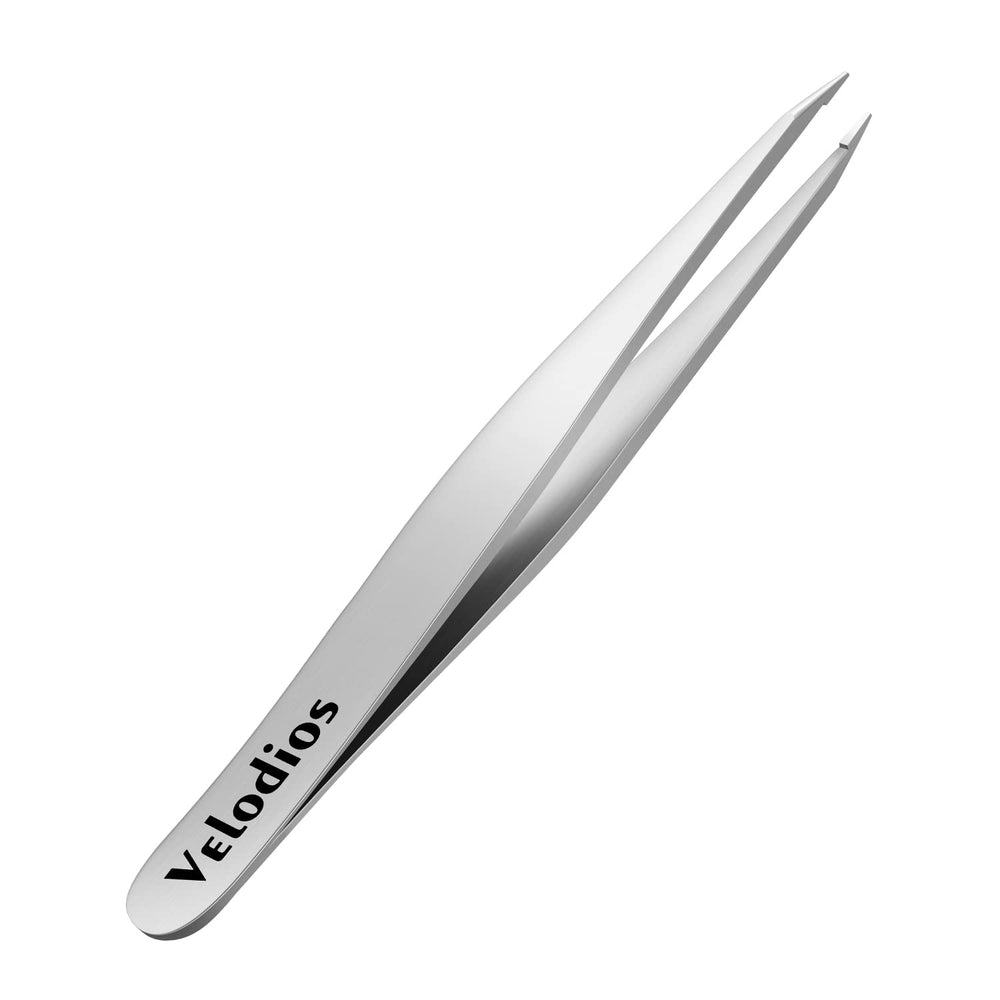 Velodios pointed tweezers tip closeup for precise hair removal and alignment