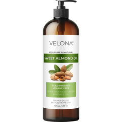 Velona Aceite de Almendras Dulce, vertido desde la botella, hidratación suave para piel y cabello.