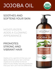 Velona aceite de jojoba, textura dorada, nutrición suave para el rostro