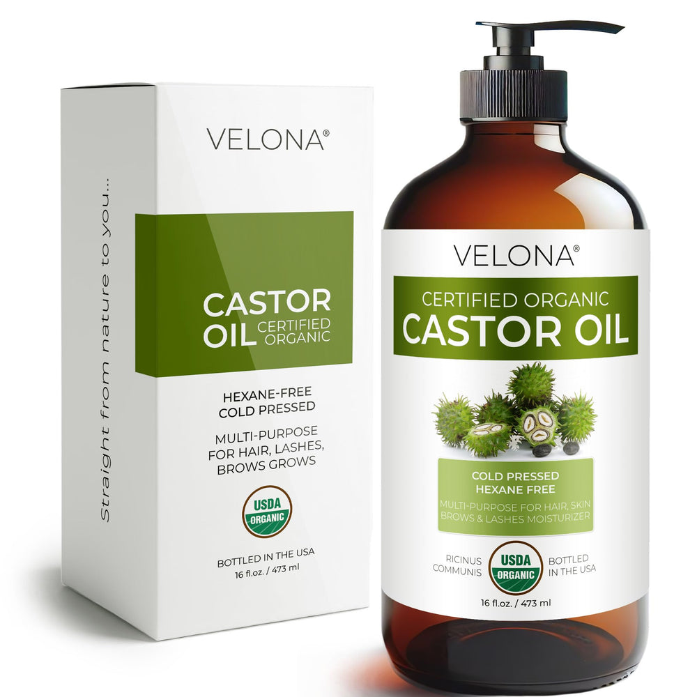 Velona Aceite de Ricino en frasco de cristal muestra hidratación para cabello y piel