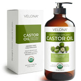 Velona Aceite de Ricino en frasco de cristal muestra hidratación para cabello y piel