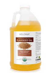 Velona flaxseed oil bottle front for premium organic skin and hair care.
