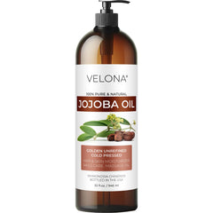 Velona Jojoba Oil 32oz pump bottle for easy dispensing and versatile moisturizing.
