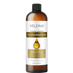Velona Polysorbate 80 bottle-front shows a versatile solubilizer for cosmetic emulsions.