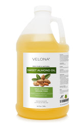 Velona Sweet Almond Oil bottle for pure skin and hair hydration.