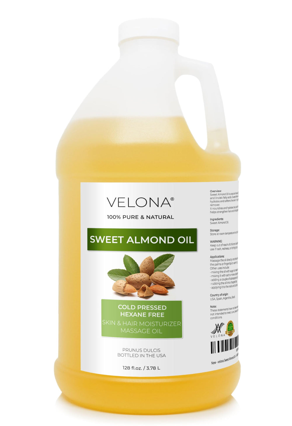 Velona Sweet Almond Oil bottle ready for daily skin hydration.